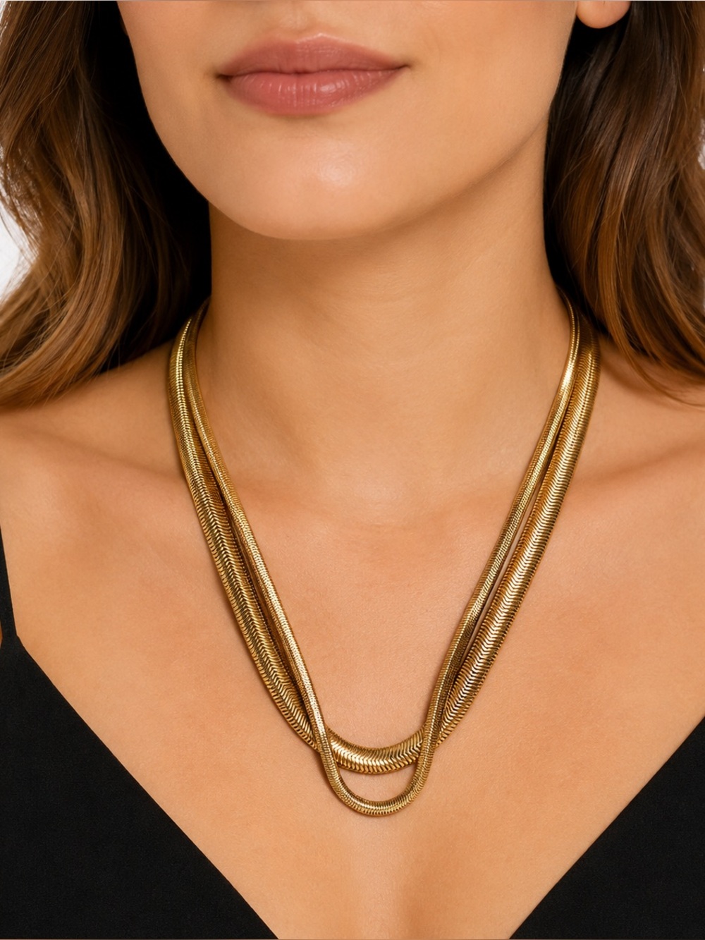 DKNY Gold Tone Multi Strand Snake Chain Necklace Statement Layered Collar